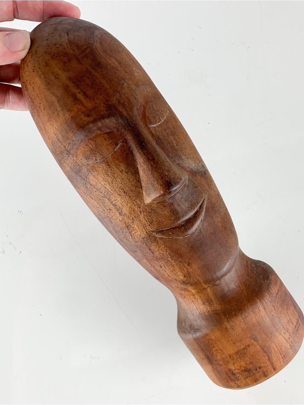 Vintage Hand Carved Folk Art Wood Sculpture Male Smiling Face Wooden Statue